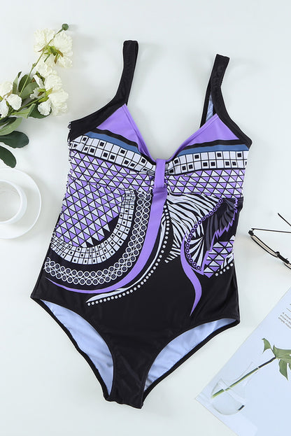 Purple Tribal Print One Piece Swimsuit