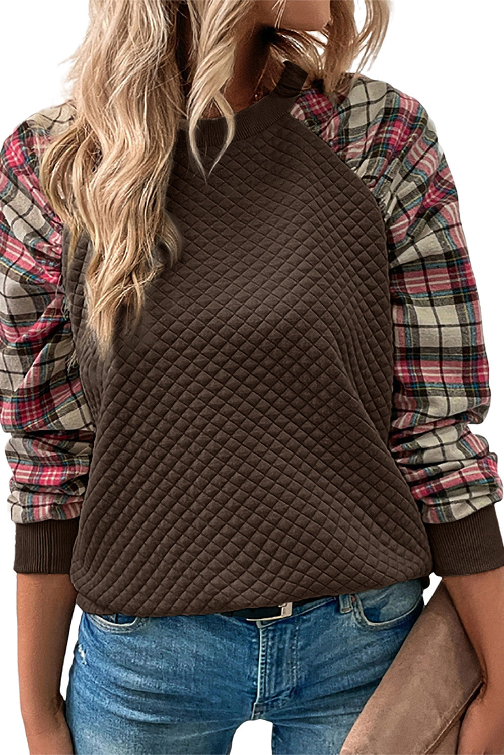 Apricot Plaid Print Quilted Raglan Sleeve Sweatshirt