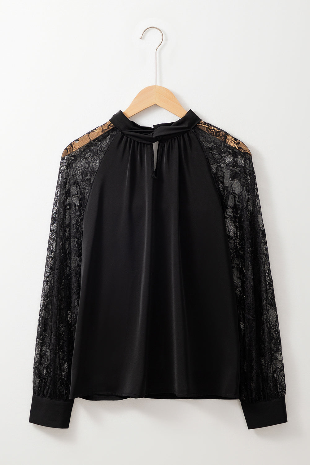 Black Keyhole Neckline Lace Splicing Raglan Sleeve Blouse