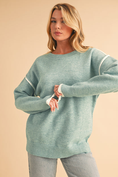 Moonlight Jade Contrast Edge Crewneck Knit Sweater