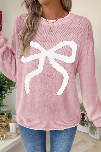 Pink Sweet Bow Drop Sleeve Round Neck Sweater