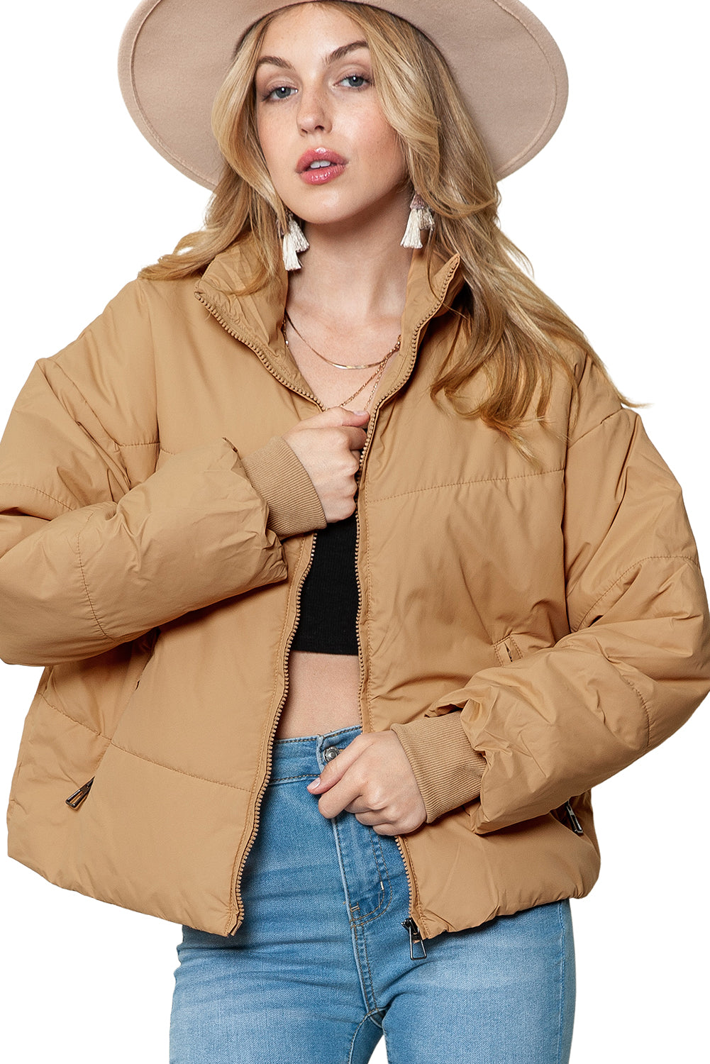 Black Solid Zip Up Pocketed Puffer Coat