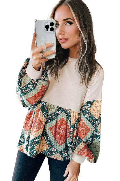 Jet Stream Paisley Geometric Patchwork Loose Fit Blouse