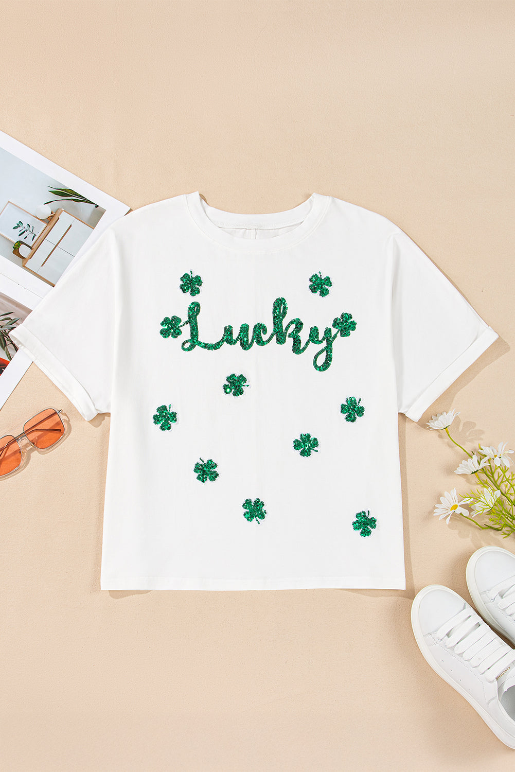 White St Patrick Lucky Clover Sequin Graphic T Shirt