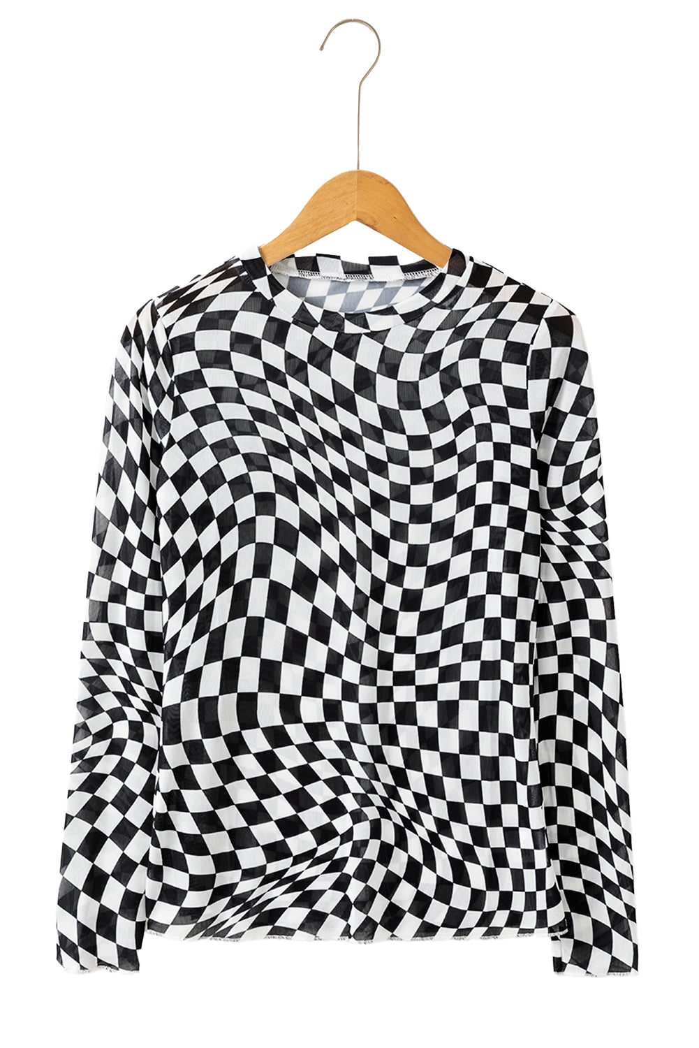 Black Checkered Pattern Mesh Long Sleeve Top