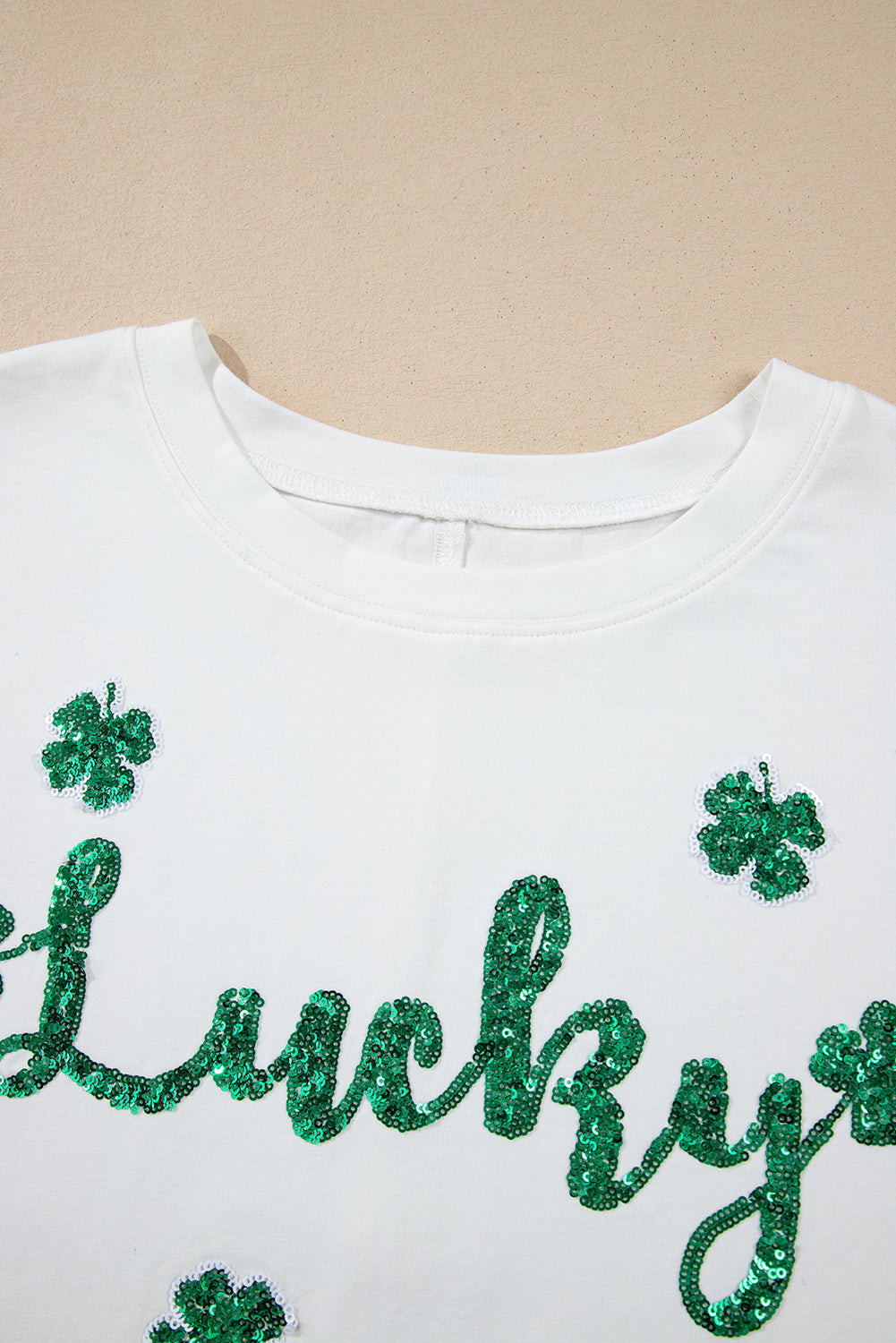 White St Patrick Lucky Clover Sequin Graphic T Shirt