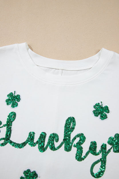 White St Patrick Lucky Clover Sequin Graphic T Shirt