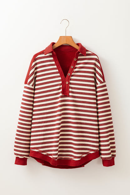 Red Stripe Collared V Neck Drop Shoulder Top