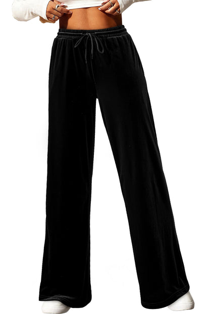 Black Solid Drawstring Waist Wide Leg Pants