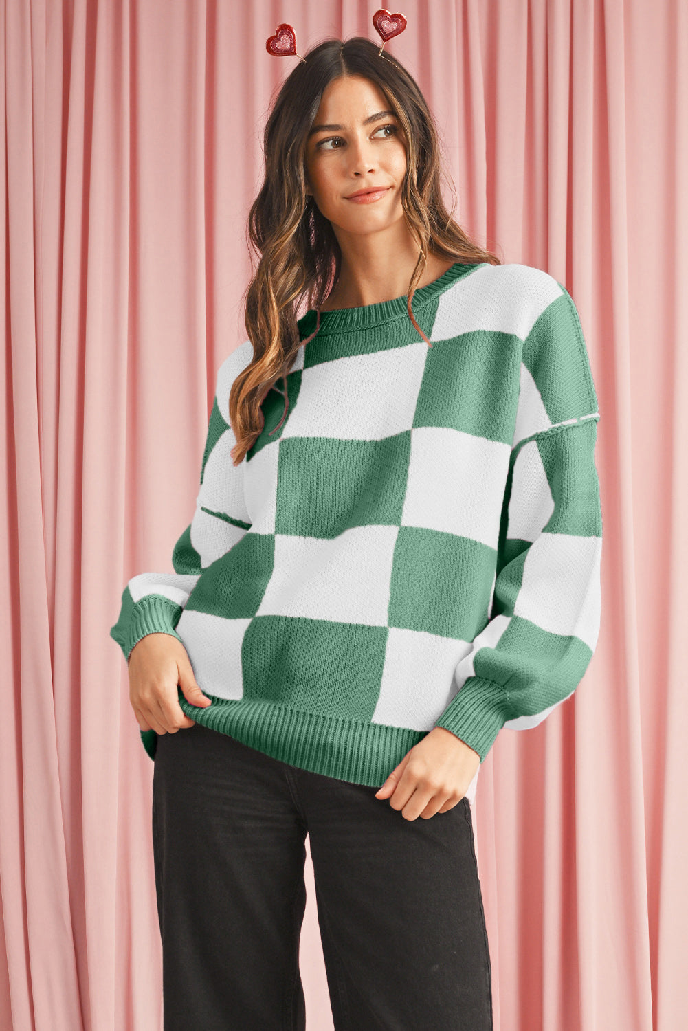 Green Checkered Bishop Sleeve Pullover Sweater