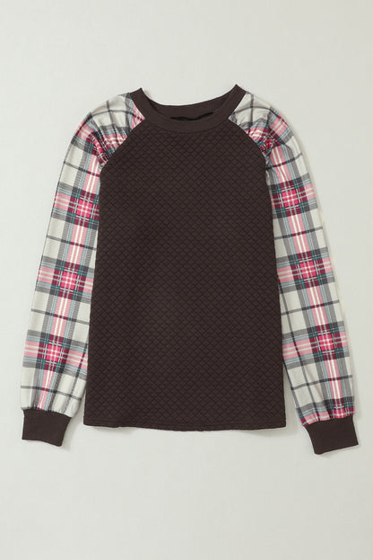 Apricot Plaid Print Quilted Raglan Sleeve Sweatshirt