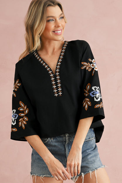 Black Floral Embroidered Sleeve Bohemian V Neck Blouse