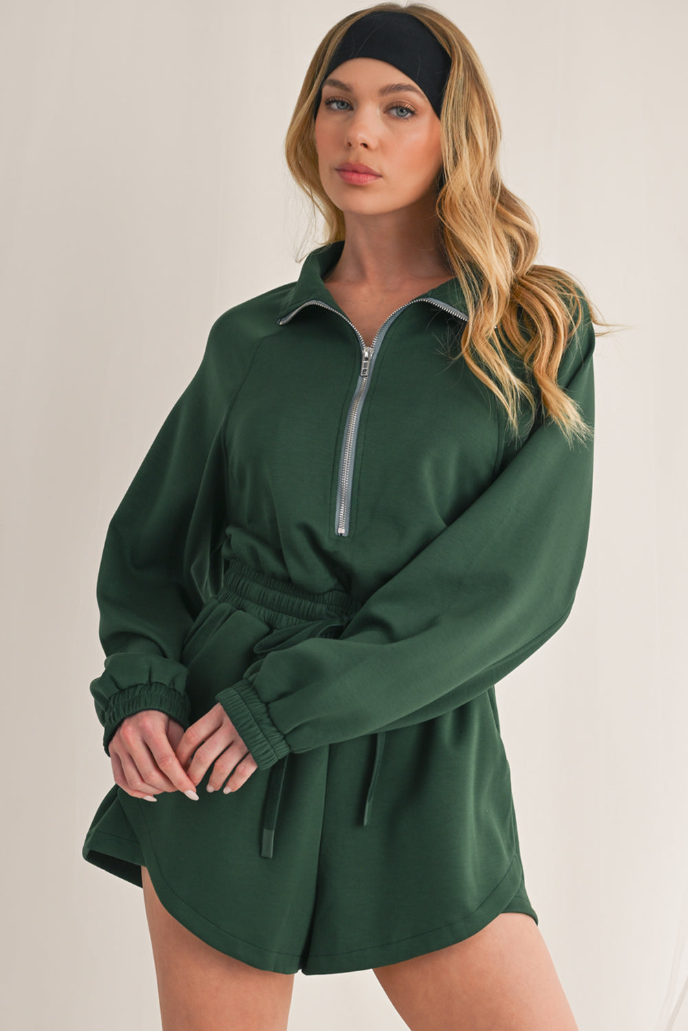 Blackish Green Solid Zip-up Drawstring Romper