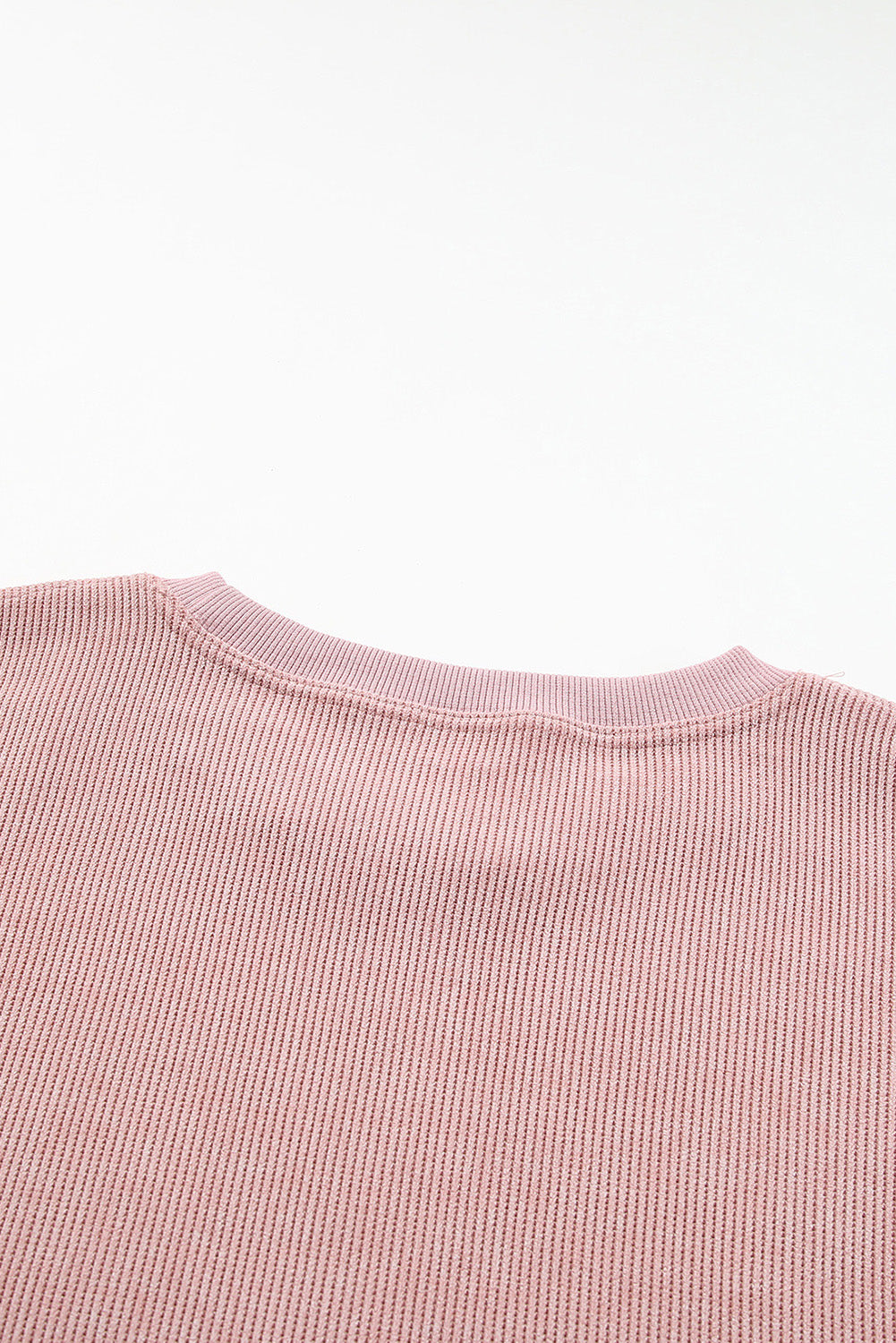 Pink Solid Ribbed Round Neck Pullover Sweatshirt