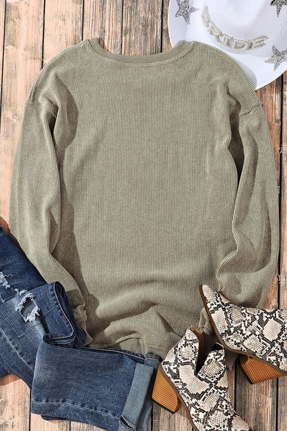 Pink Solid Ribbed Round Neck Pullover Sweatshirt