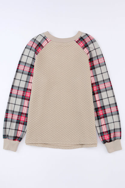 Apricot Plaid Print Quilted Raglan Sleeve Sweatshirt