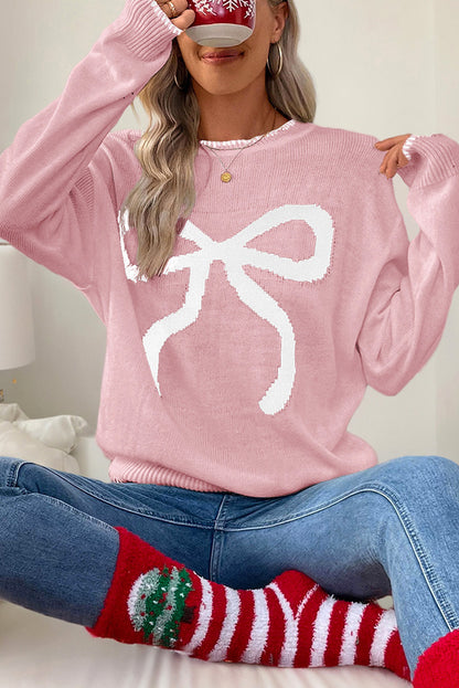 Pink Sweet Bow Drop Sleeve Round Neck Sweater