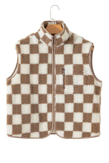 Khaki Checkered Sherpa Collared Jacket Vest