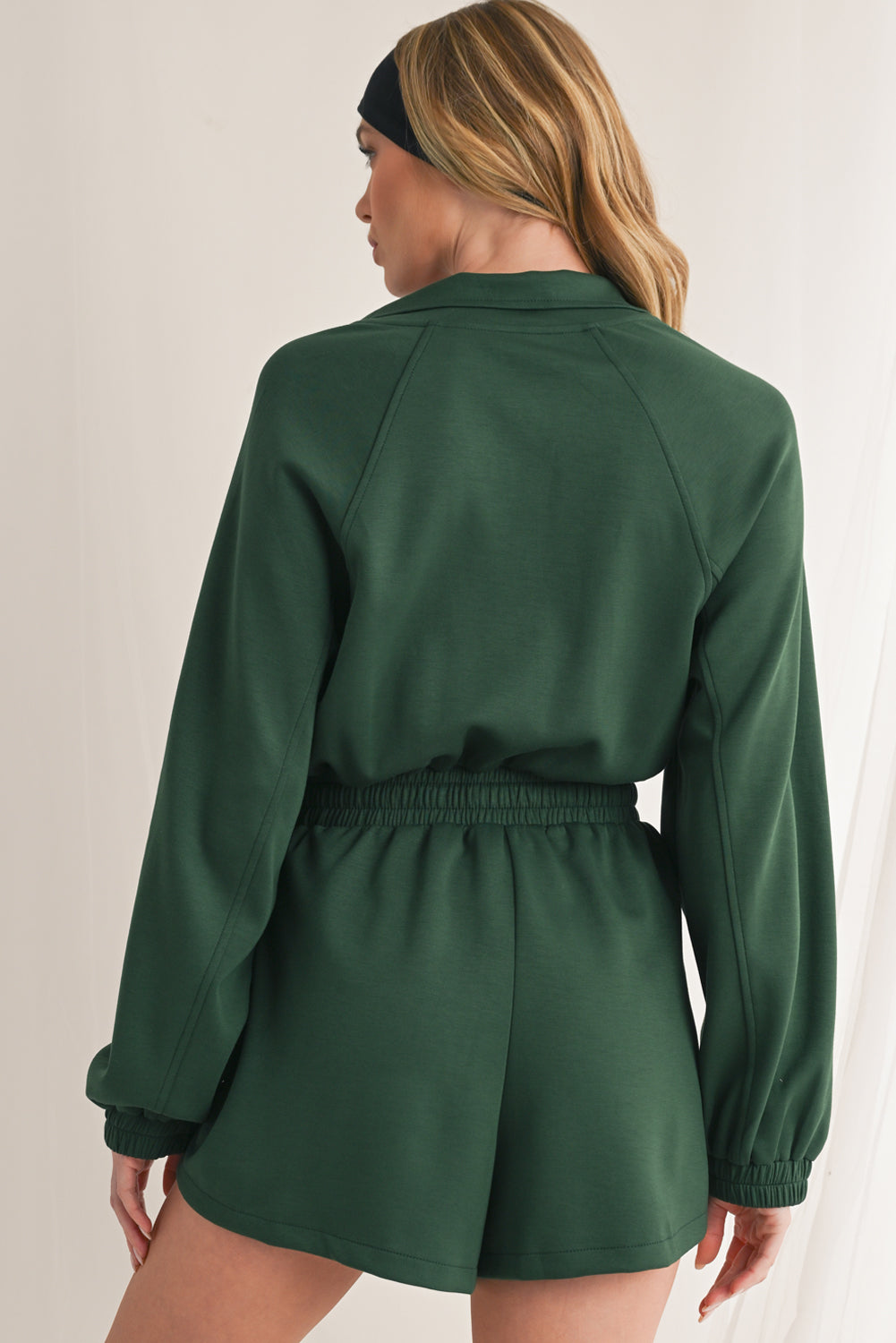 Blackish Green Solid Zip-up Drawstring Romper