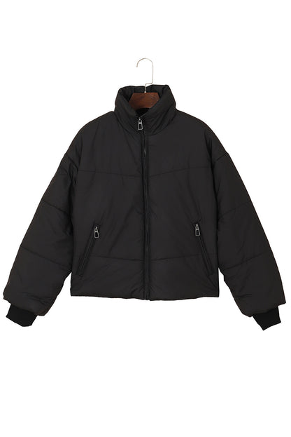 Black Solid Zip Up Pocketed Puffer Coat