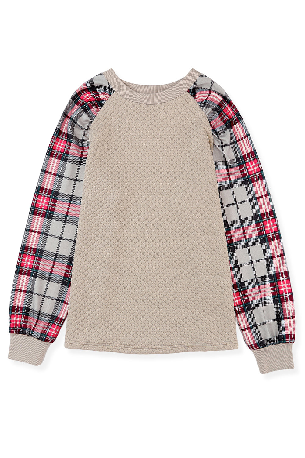 Apricot Plaid Print Quilted Raglan Sleeve Sweatshirt