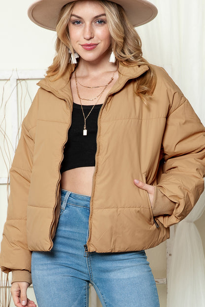 Black Solid Zip Up Pocketed Puffer Coat