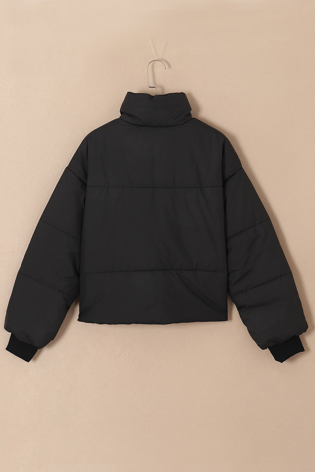 Black Solid Zip Up Pocketed Puffer Coat