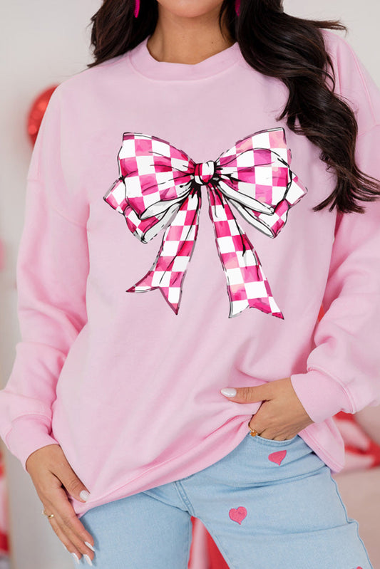 Pink Checkered Bow Graphic Round Neck Valentines Sweatshirt