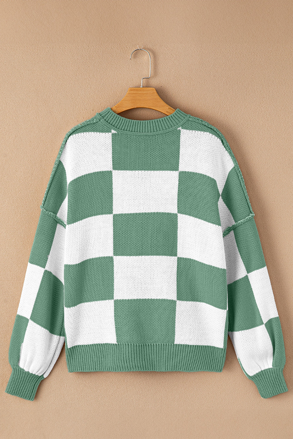 Green Checkered Bishop Sleeve Pullover Sweater