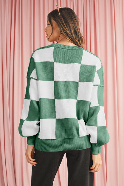 Green Checkered Bishop Sleeve Pullover Sweater