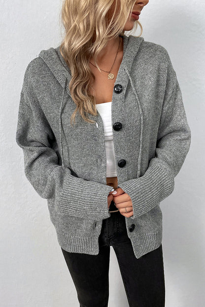 White Hooded Button Up Drop Shoulder Sweater Cardigan