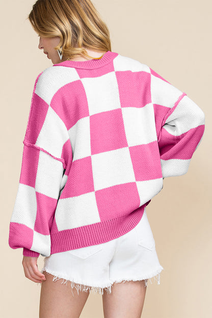 Green Checkered Bishop Sleeve Pullover Sweater