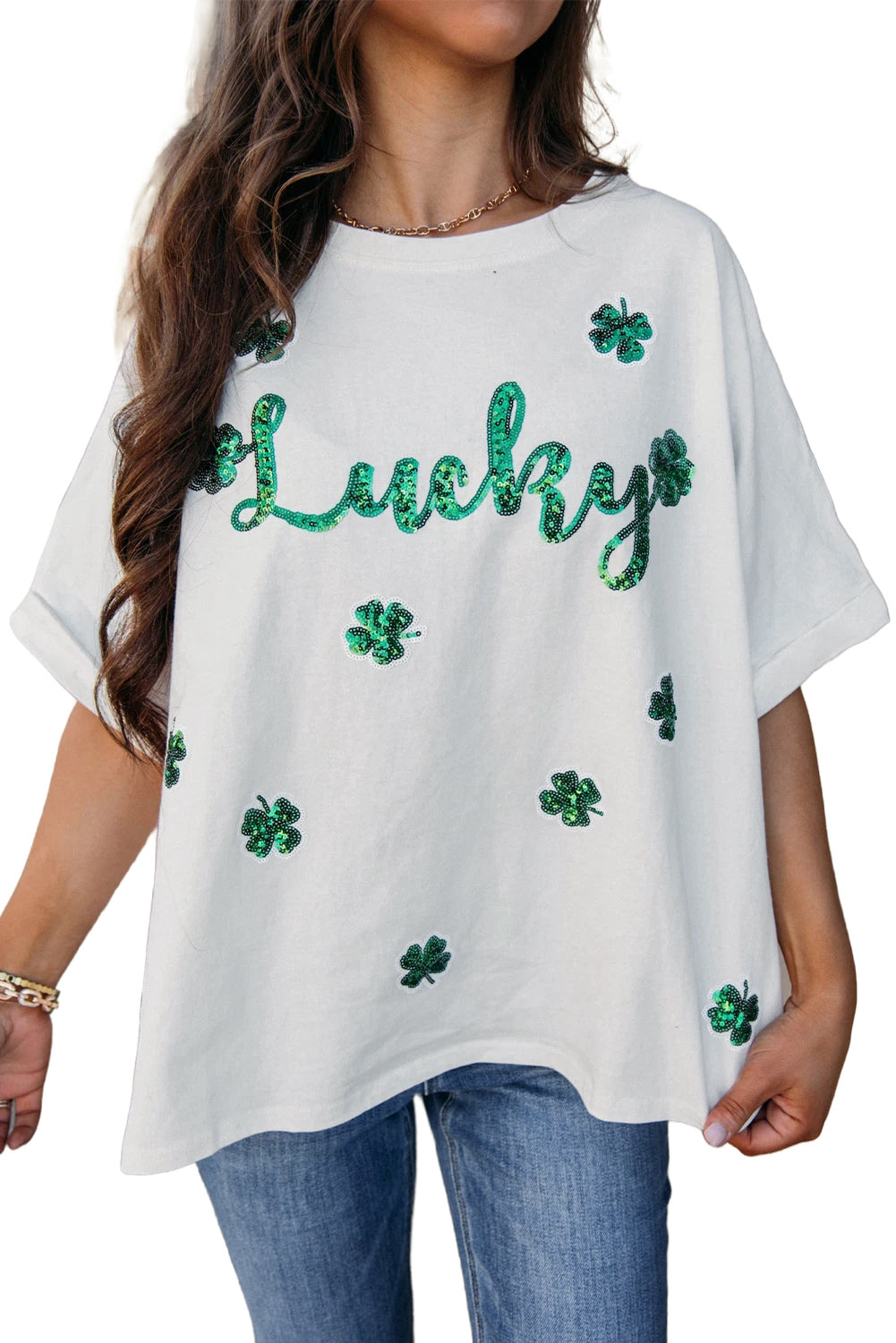 White St Patrick Lucky Clover Sequin Graphic T Shirt