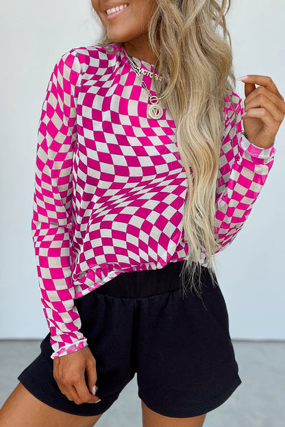 Black Checkered Pattern Mesh Long Sleeve Top