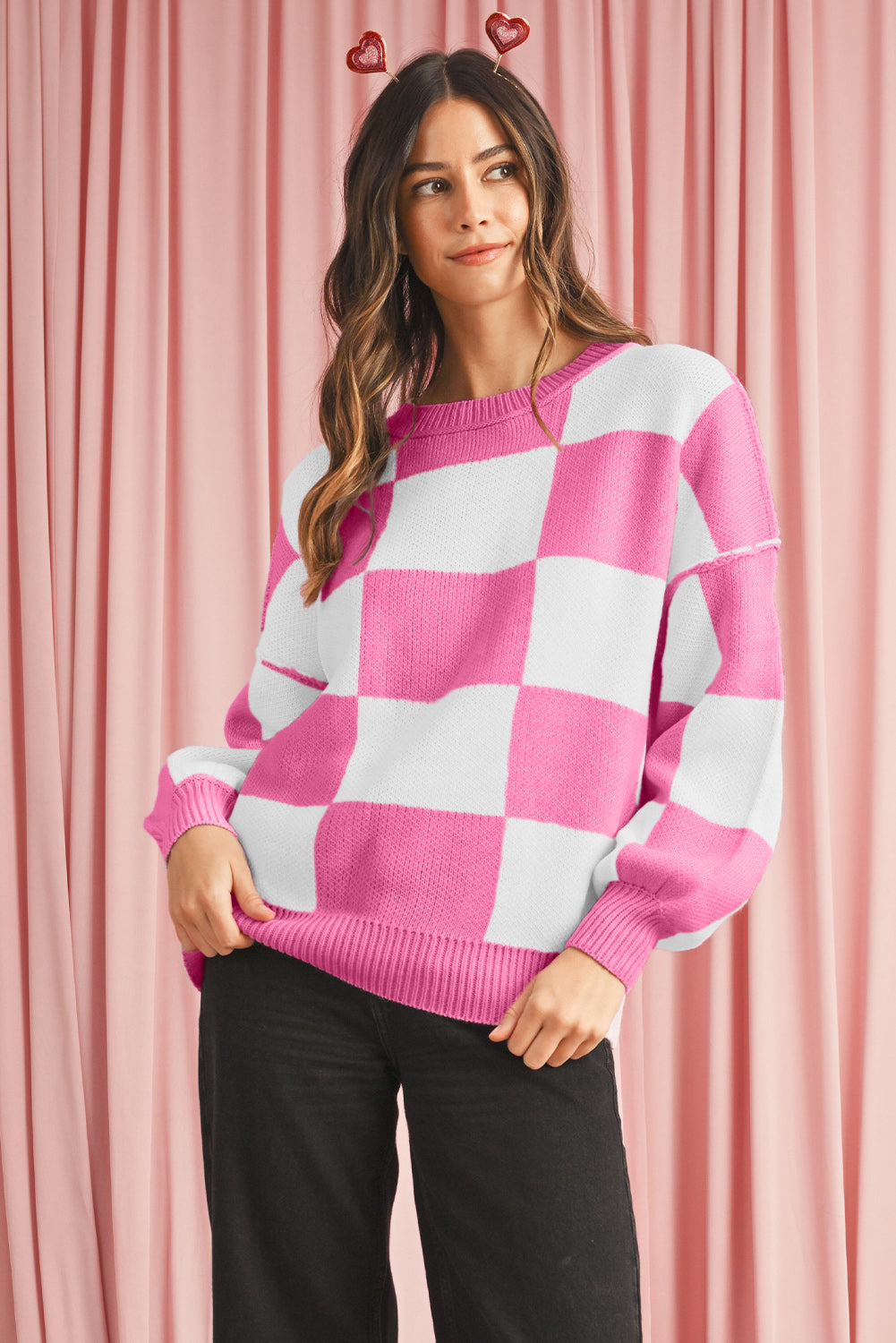 Green Checkered Bishop Sleeve Pullover Sweater