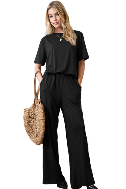 Black Solid Color T-Shirt and Wide Leg Pants Set