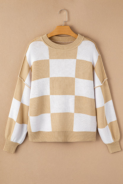 Green Checkered Bishop Sleeve Pullover Sweater