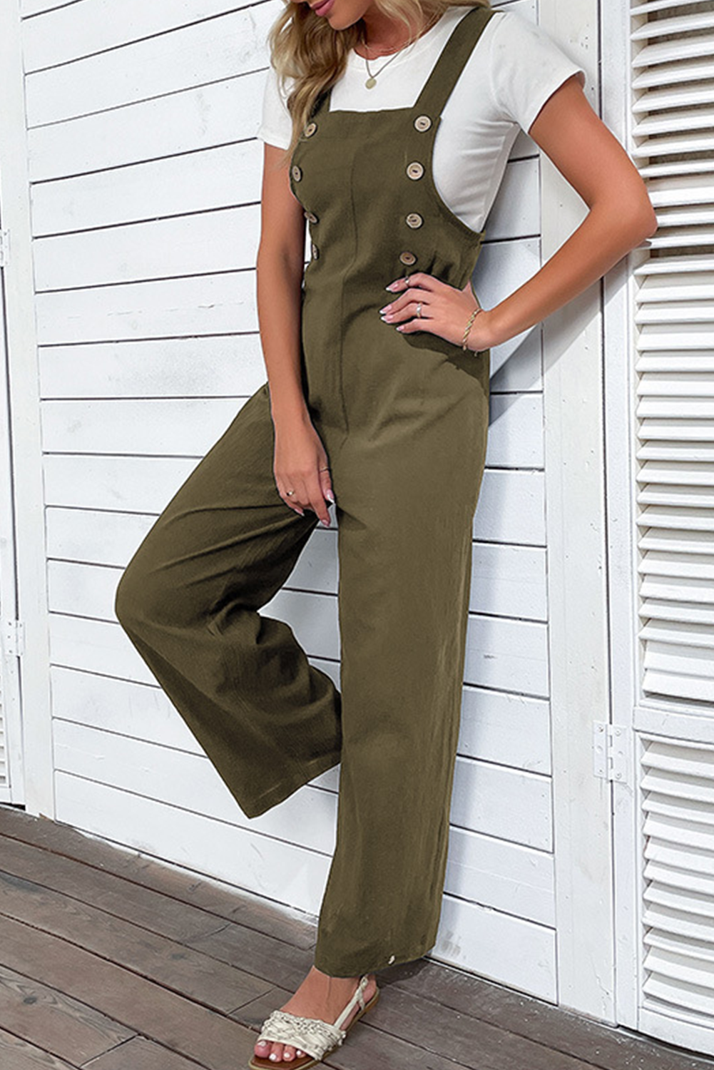 Jungle Green Solid Color Button Straight Leg Overall