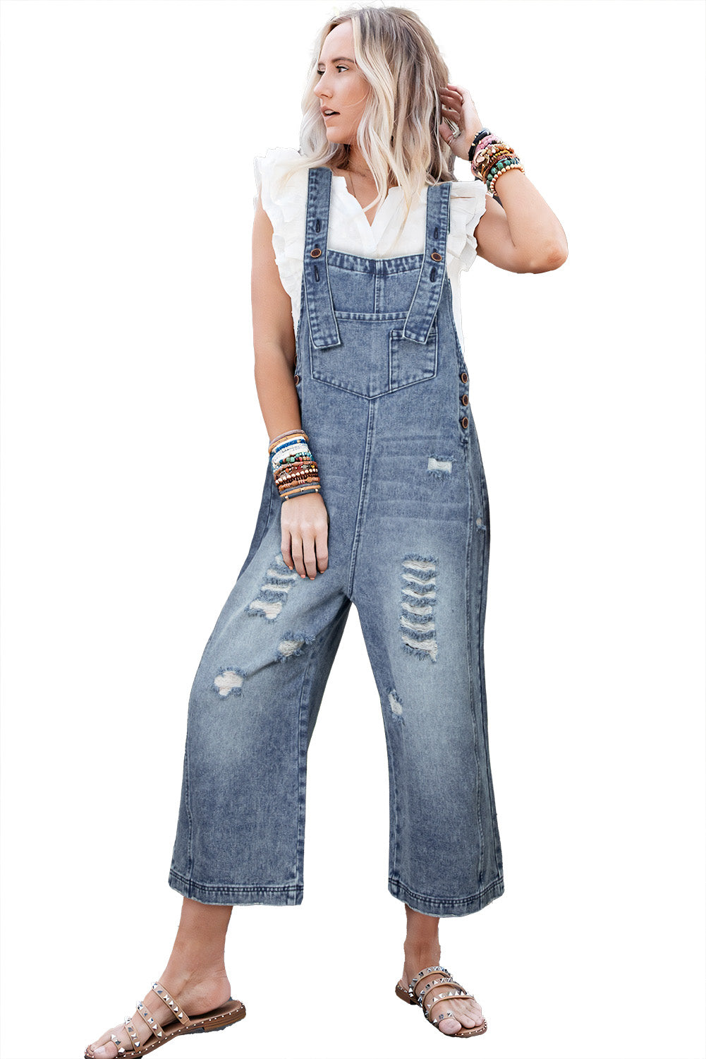 Stone Blue Distressed Bib Pocket Wide Leg Denim Overall