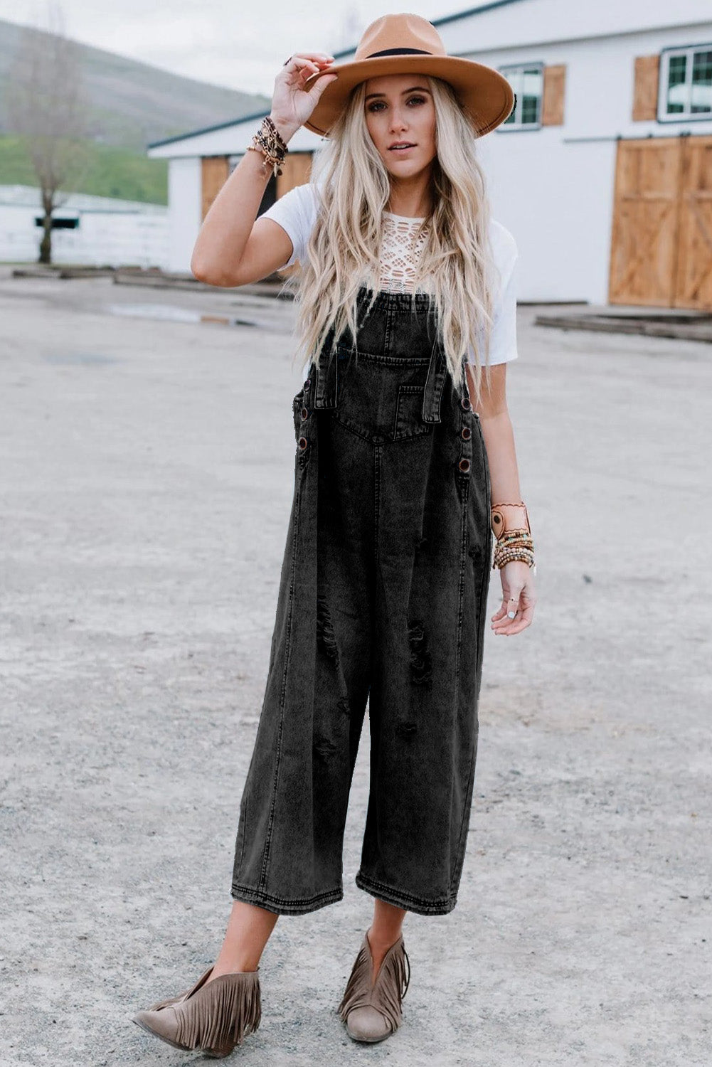 Stone Blue Distressed Bib Pocket Wide Leg Denim Overall