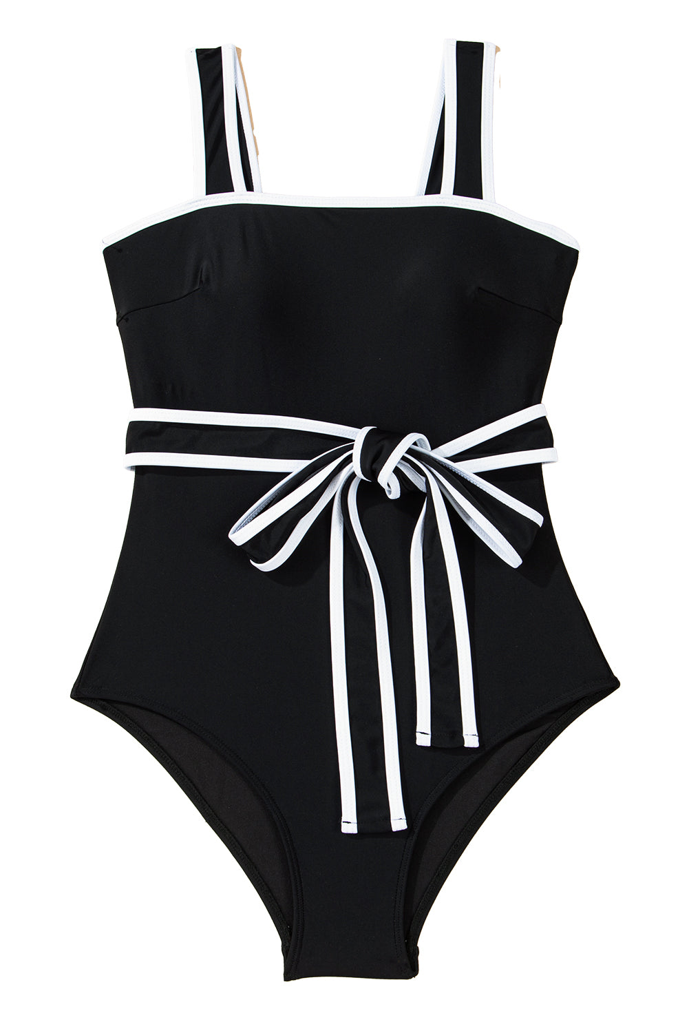 Black Contrast Edge Belted One Piece Swimsuit