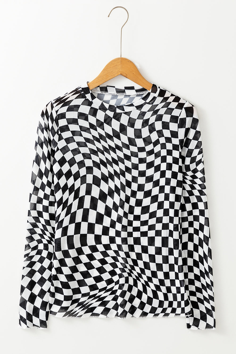 Black Checkered Pattern Mesh Long Sleeve Top