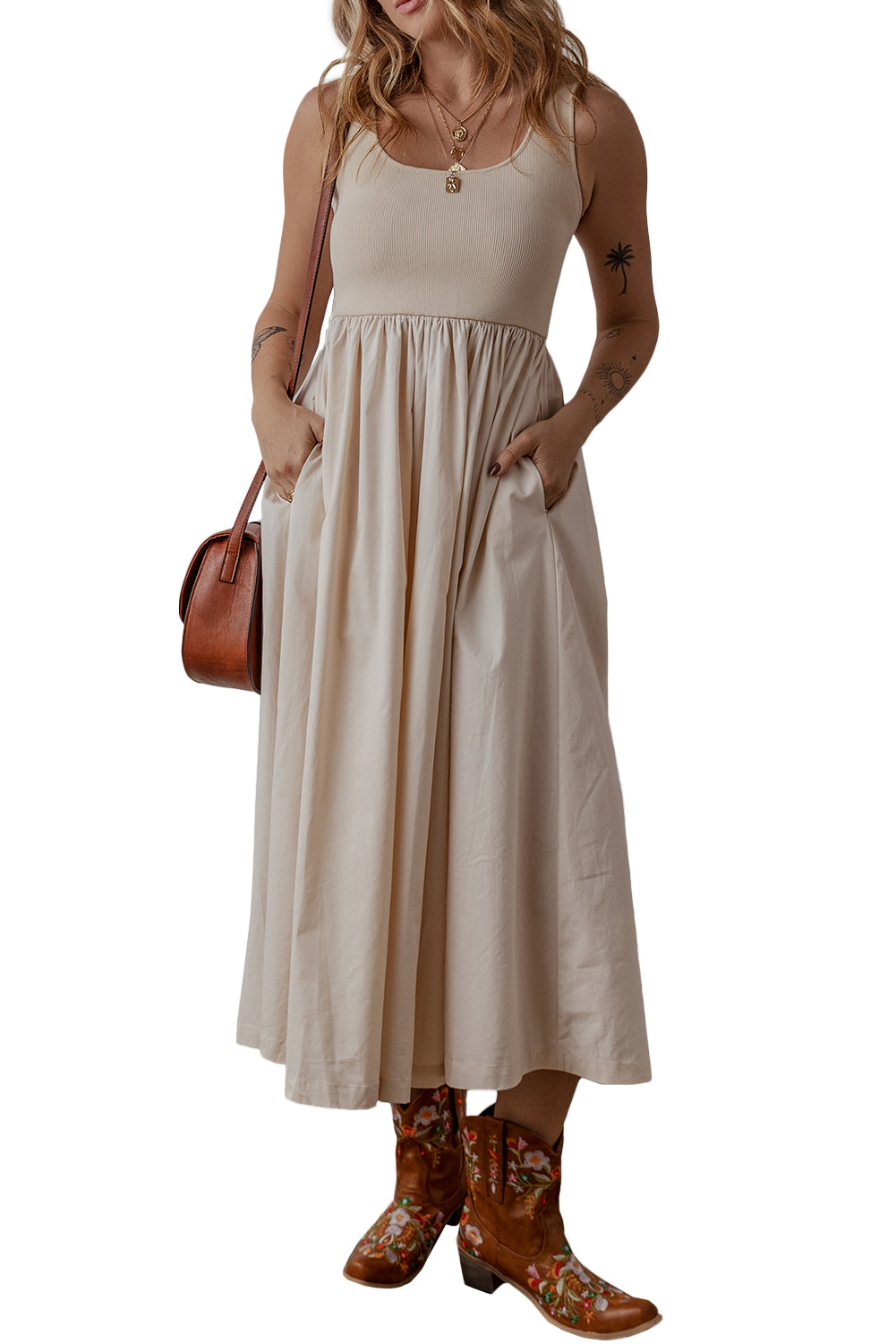 Beige Scoop Neck Ribbed Pleated Sleeveless Midi Dress