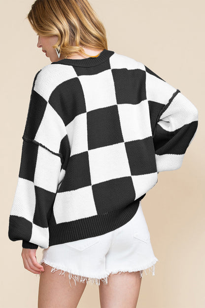 Green Checkered Bishop Sleeve Pullover Sweater