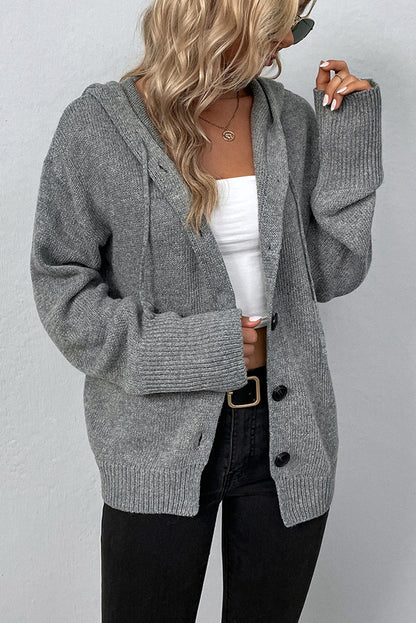 White Hooded Button Up Drop Shoulder Sweater Cardigan