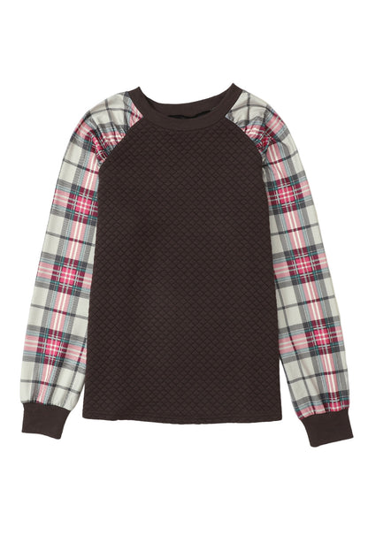 Apricot Plaid Print Quilted Raglan Sleeve Sweatshirt